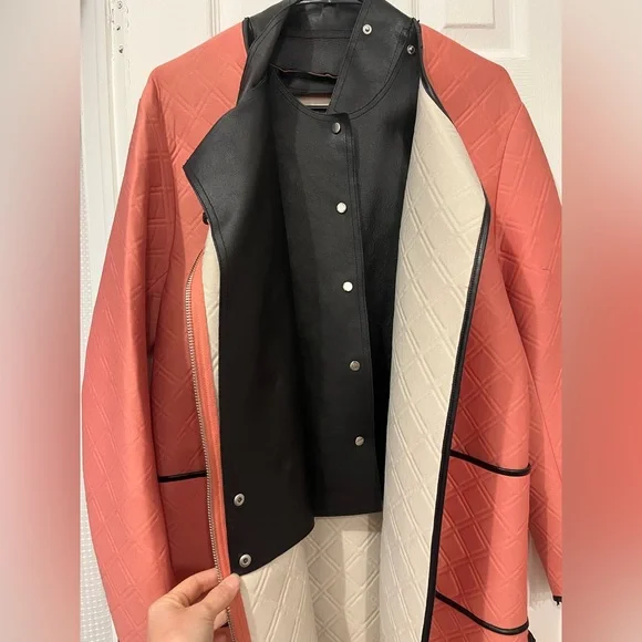 3.1 Phillip Lim Coral and Black Neoprene & Leather Coat - Picture 5 of 13